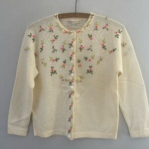 Vintage Cream Floral Embroidered Wool Cardigan S